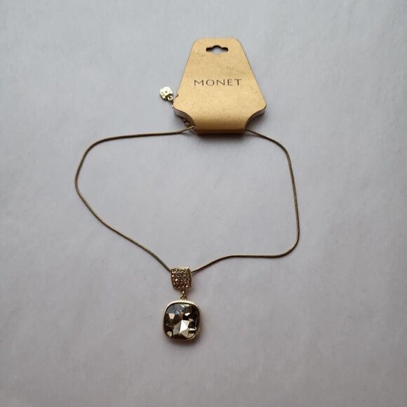 Vintage MONET Twisted Topaz Crystal Rhinestone Gold medalion cord Necklace NWT - Picture 3 of 12